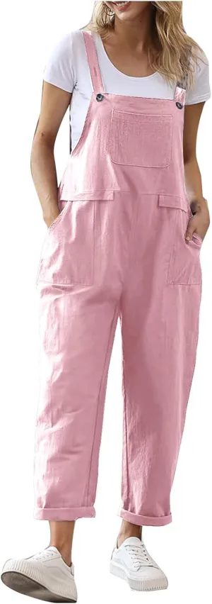 Beach Rompers for Women 2024 Summer Cotton Linen Baggy Overalls Jumpers Sleeveless Oversized Jumpsuits With Pockets