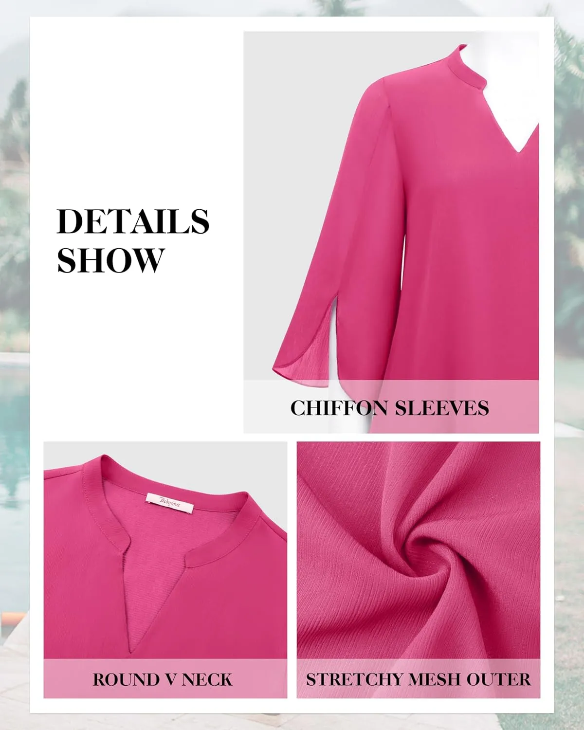 Bebonnie Womens Tops Dressy Casual Ruffle 3/4 Sleeve V Neck Double Layers Chiffon Blouses Tops