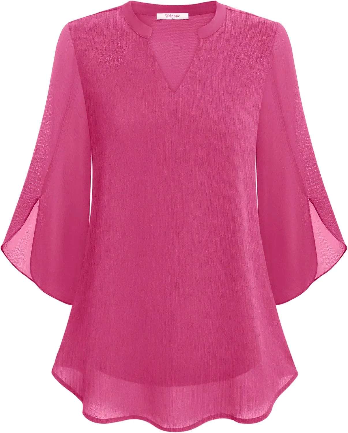 Bebonnie Womens Tops Dressy Casual Ruffle 3/4 Sleeve V Neck Double Layers Chiffon Blouses Tops