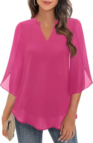 Bebonnie Womens Tops Dressy Casual Ruffle 3/4 Sleeve V Neck Double Layers Chiffon Blouses Tops