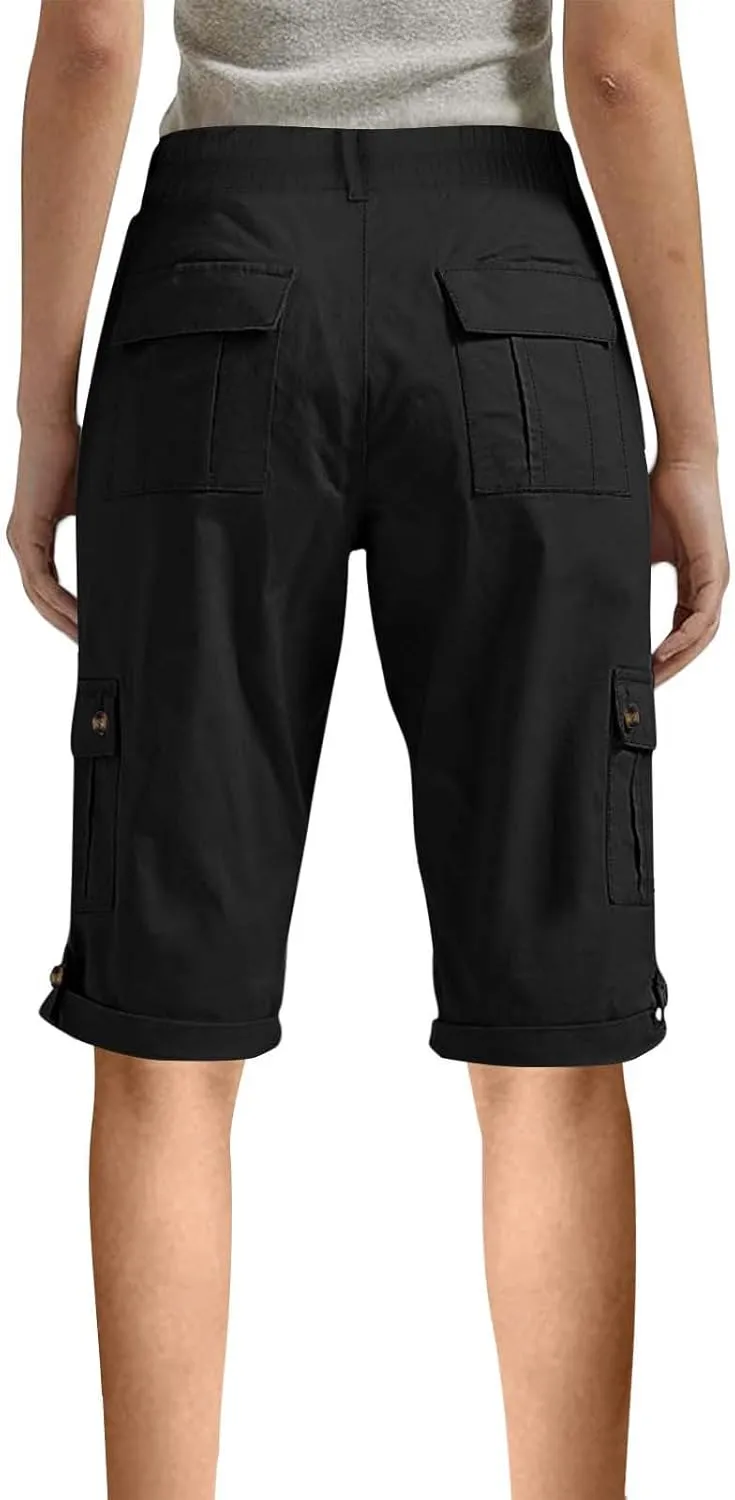 Bermuda Cargo Shorts for Women with 6 Pockets Knee Length Twill Half Casual Dressy Shorts Pants Bottoms