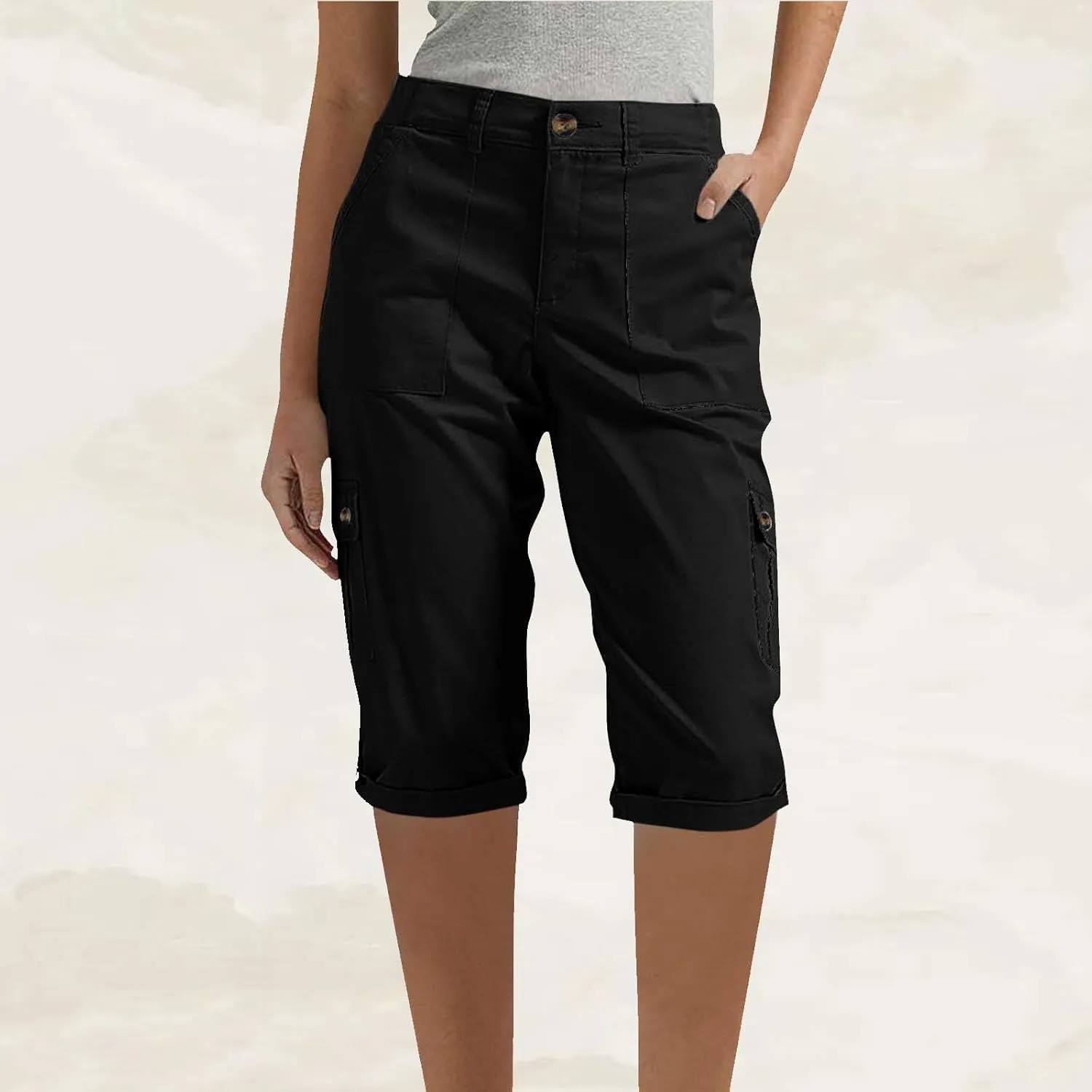 Bermuda Cargo Shorts for Women with 6 Pockets Knee Length Twill Half Casual Dressy Shorts Pants Bottoms