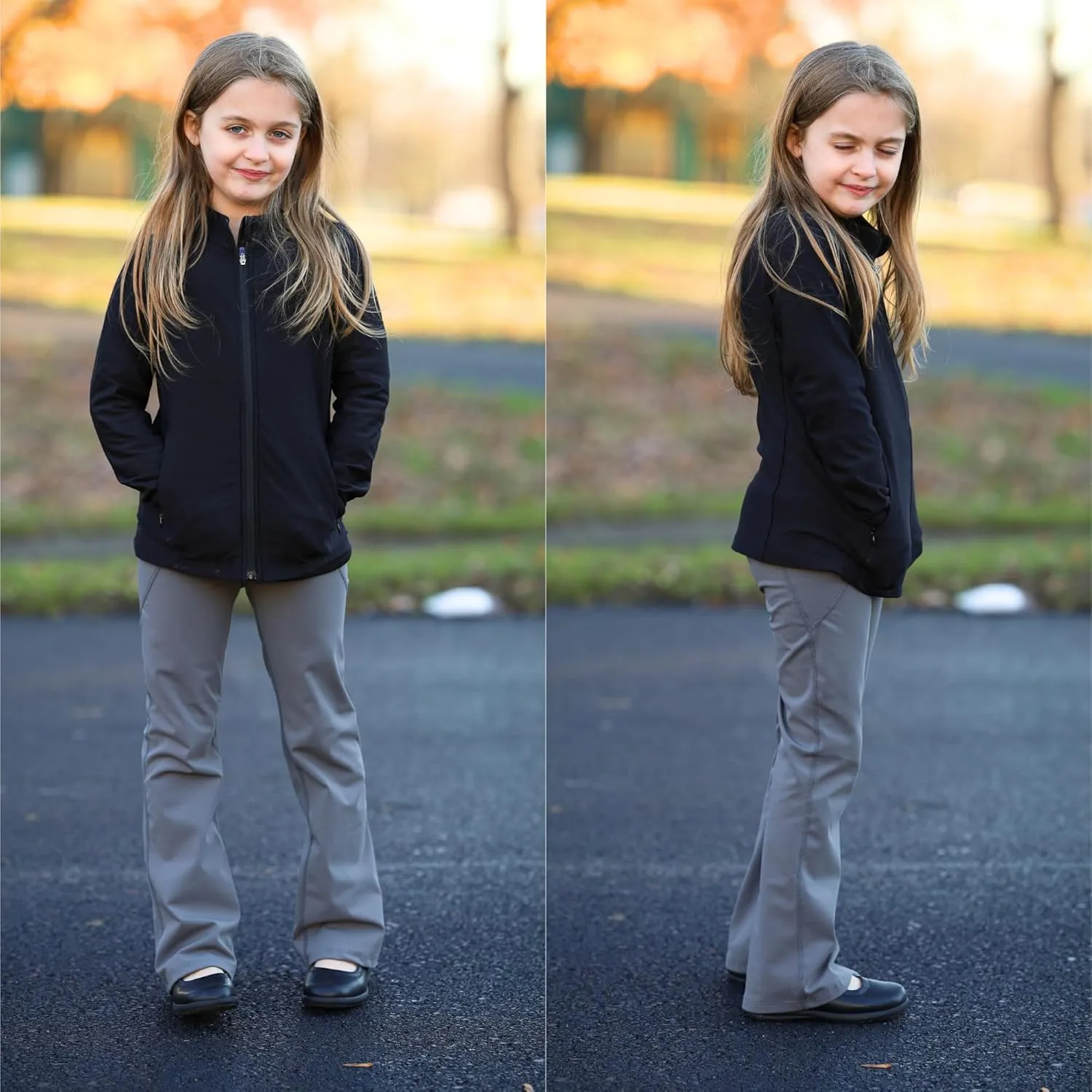 BIG ELEPHANT Girls Fleece Lined Leggings, Youth Winter Warm Athletic Flare Pants with Pockets, Kids Bell Bottoms