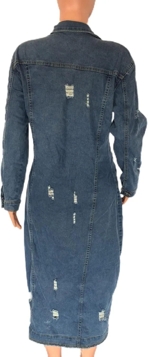 Binmer Womens Classic Long Jean Jacket Mid Length Loose Long Sleeve Button Down Denim Jackets Fall 2024 Fashion Trench Coat