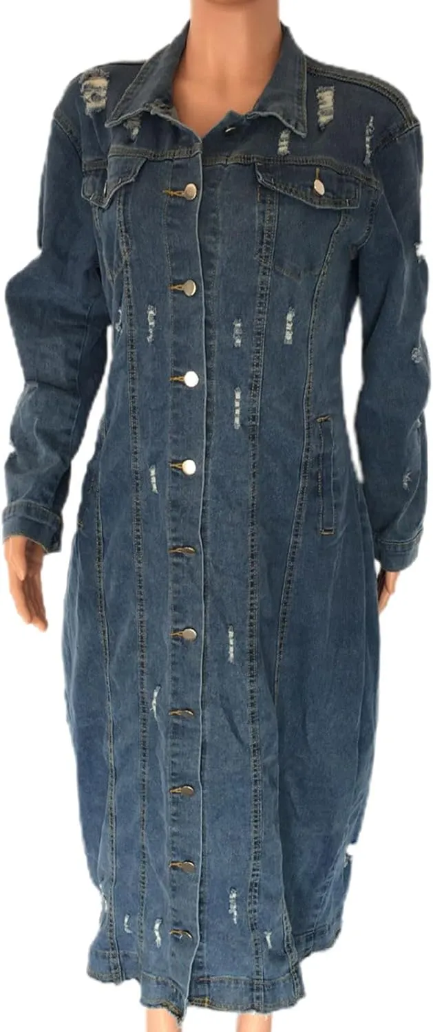 Binmer Womens Classic Long Jean Jacket Mid Length Loose Long Sleeve Button Down Denim Jackets Fall 2024 Fashion Trench Coat