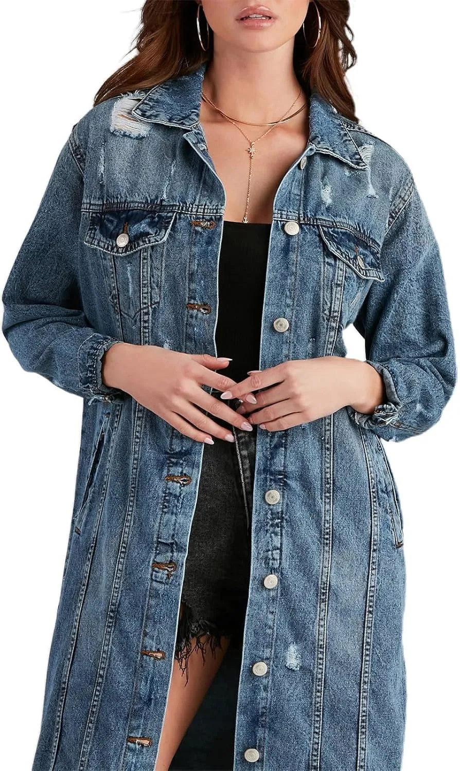 Binmer Womens Classic Long Jean Jacket Mid Length Loose Long Sleeve Button Down Denim Jackets Fall 2024 Fashion Trench Coat