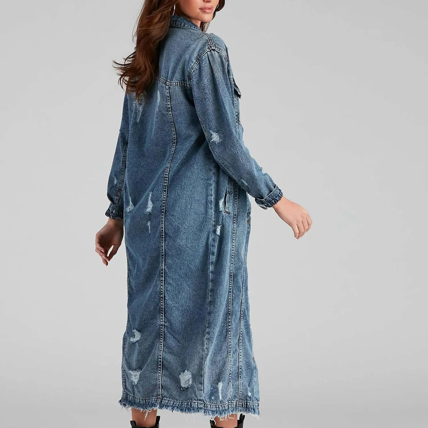 Binmer Womens Classic Long Jean Jacket Mid Length Loose Long Sleeve Button Down Denim Jackets Fall 2024 Fashion Trench Coat