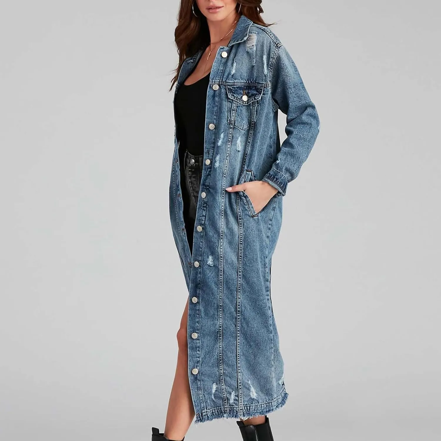 Binmer Womens Classic Long Jean Jacket Mid Length Loose Long Sleeve Button Down Denim Jackets Fall 2024 Fashion Trench Coat
