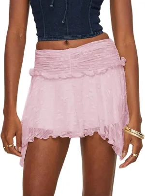 Black Skirt for Women Women's Lace Mini Skirt Ruffled Skirt Low Waist Tiered Pleated Flowy Skirt Slip