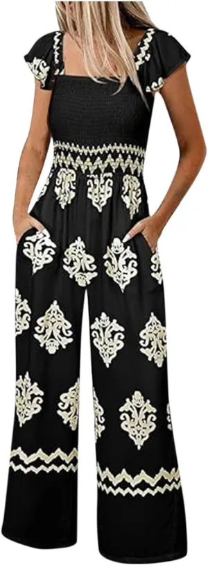 Boho Overalls for Women Wide Leg Floral Jumpsuits Square Neck Cap Sleeve Smocked Jumpsuit Summer Vacation Outfits Pockets