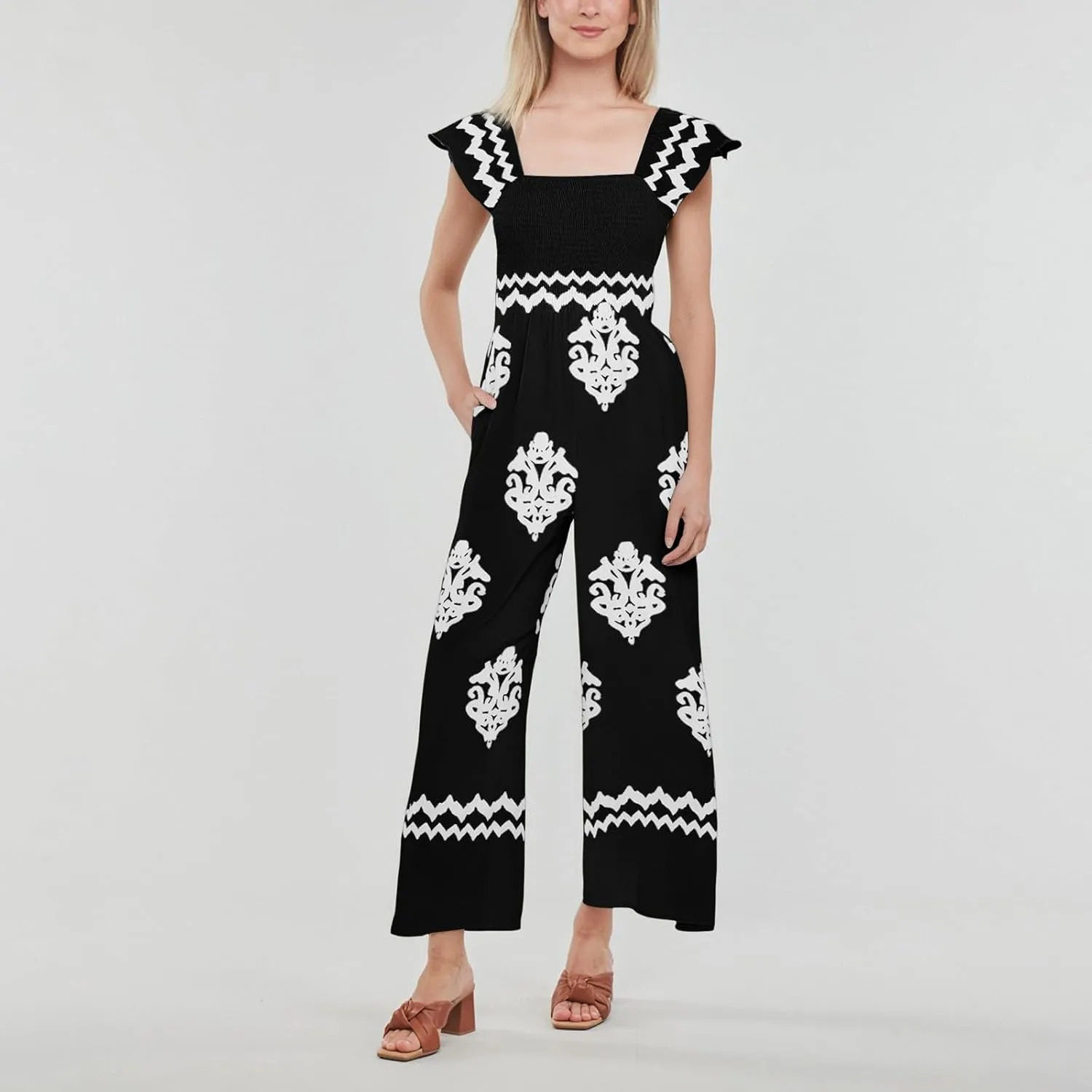 Boho Overalls for Women Wide Leg Floral Jumpsuits Square Neck Cap Sleeve Smocked Jumpsuit Summer Vacation Outfits Pockets