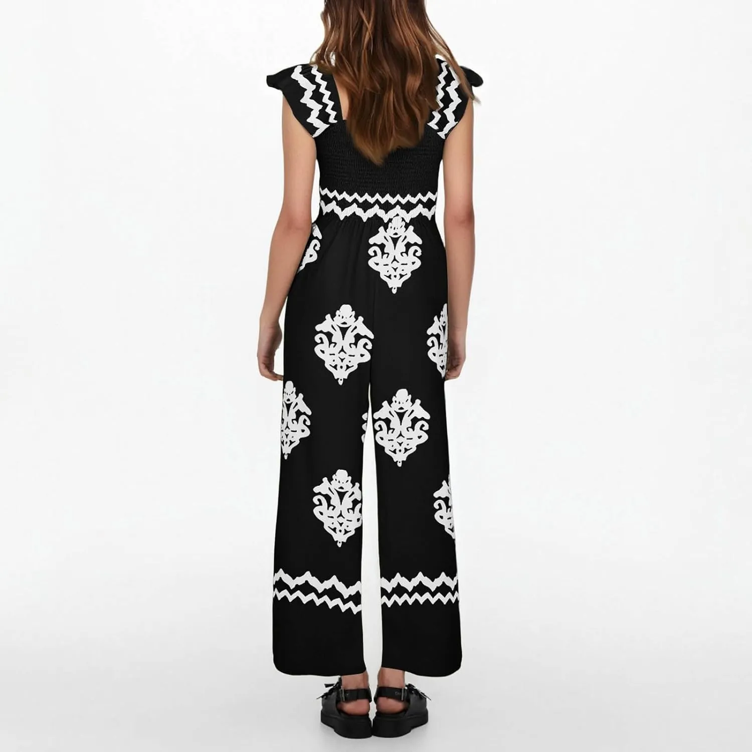 Boho Overalls for Women Wide Leg Floral Jumpsuits Square Neck Cap Sleeve Smocked Jumpsuit Summer Vacation Outfits Pockets