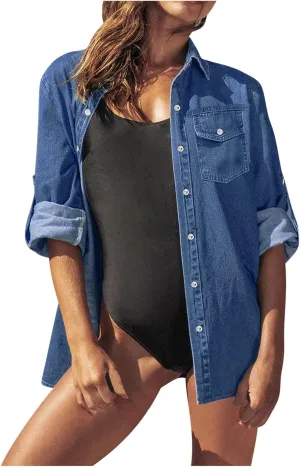 BTDECLAR Women Casual Blue Denim Jackets Distressed Roll Sleeve Lapel Button Down Shacket Jean Coat Trucker Jackets Outwear