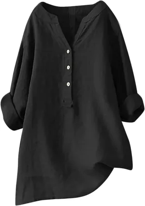 Casual Linen Blouses for Women Long Sleeve V Neck Button Up Shirts Comfy Loose Tunics Blouses Ladies Linen Blouse Top