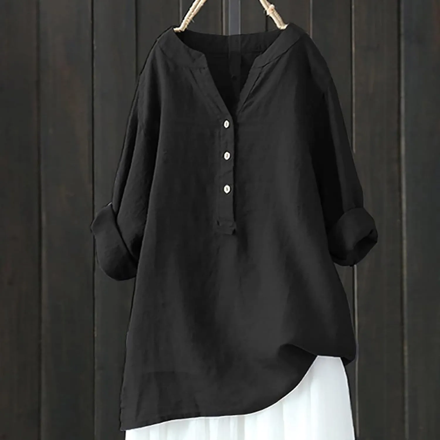 Casual Linen Blouses for Women Long Sleeve V Neck Button Up Shirts Comfy Loose Tunics Blouses Ladies Linen Blouse Top