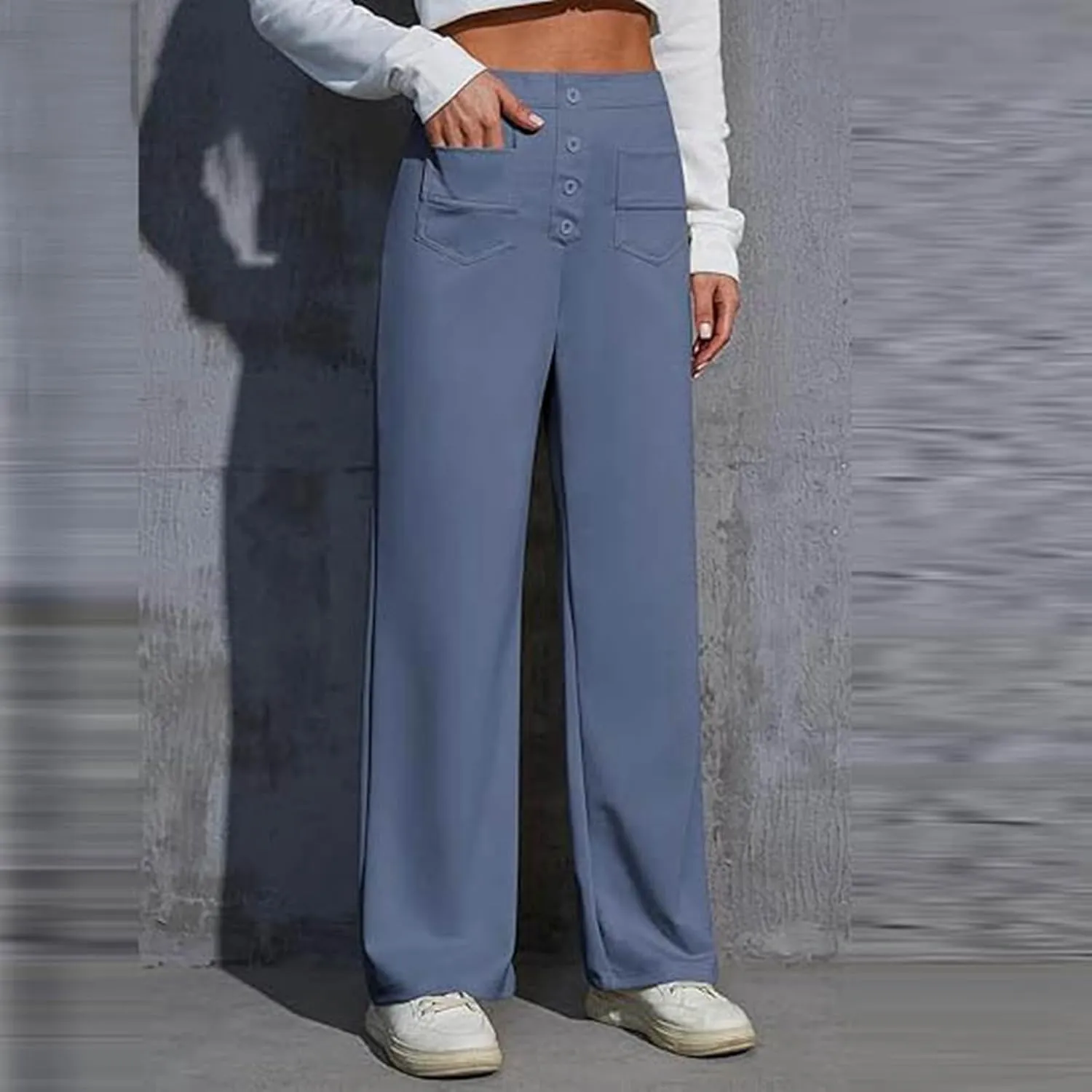 Casual Pants for Women High Waist Straight Leg Loose Fit Work Pants Button Down Bottoms Business Trousers with Pocket