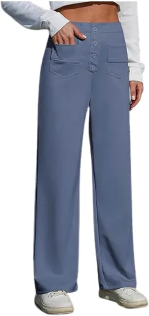 Casual Pants for Women High Waist Straight Leg Loose Fit Work Pants Button Down Bottoms Business Trousers with Pocket