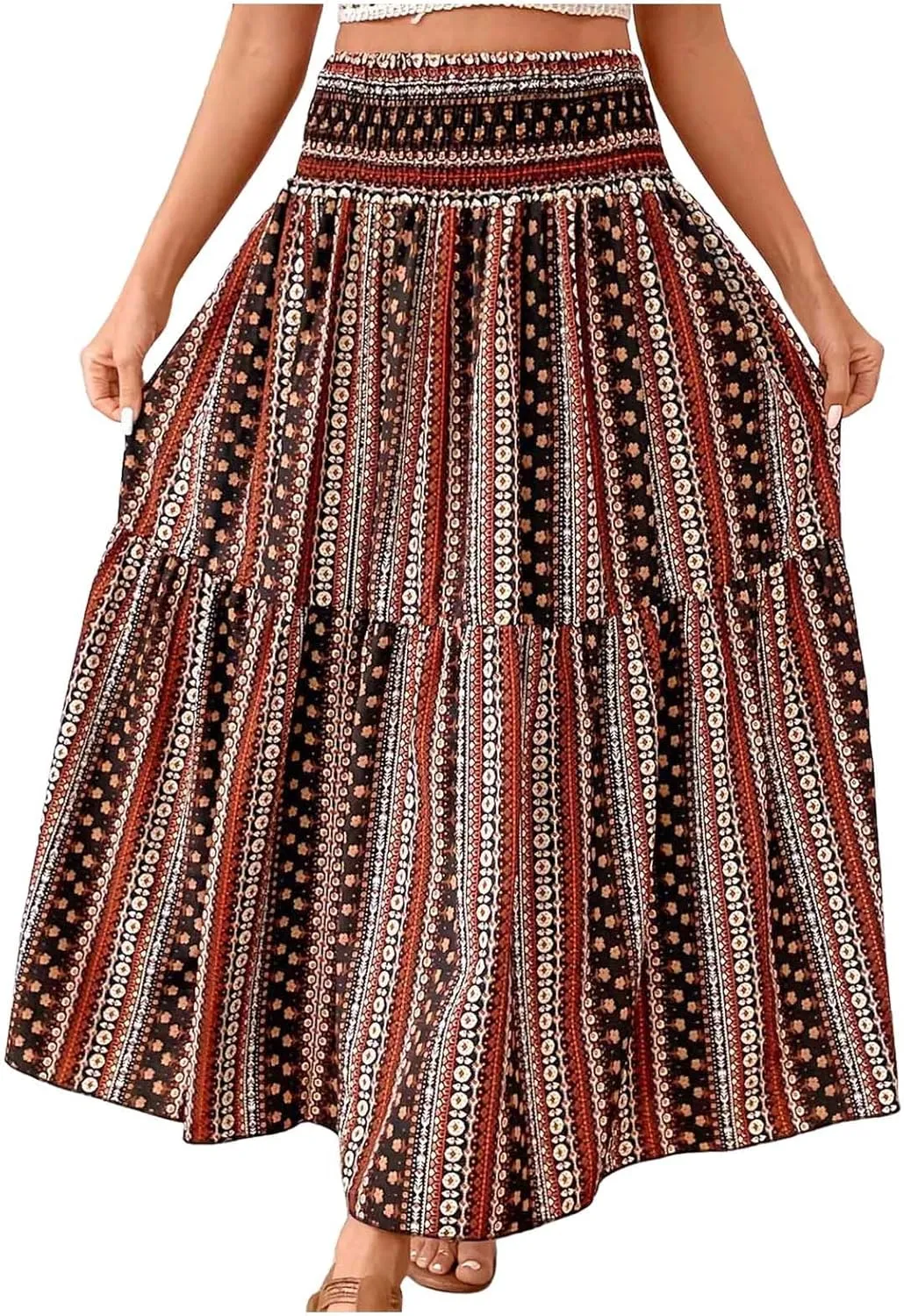 Casual Skirts for Women Summer Vacation Bohemian Aztec Print Pleated High Waist Elastic 2025 Beach Boha Maxi Skirts