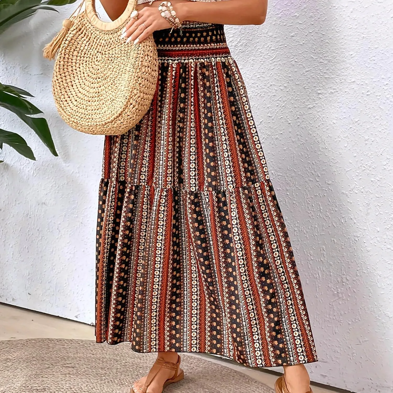 Casual Skirts for Women Summer Vacation Bohemian Aztec Print Pleated High Waist Elastic 2025 Beach Boha Maxi Skirts