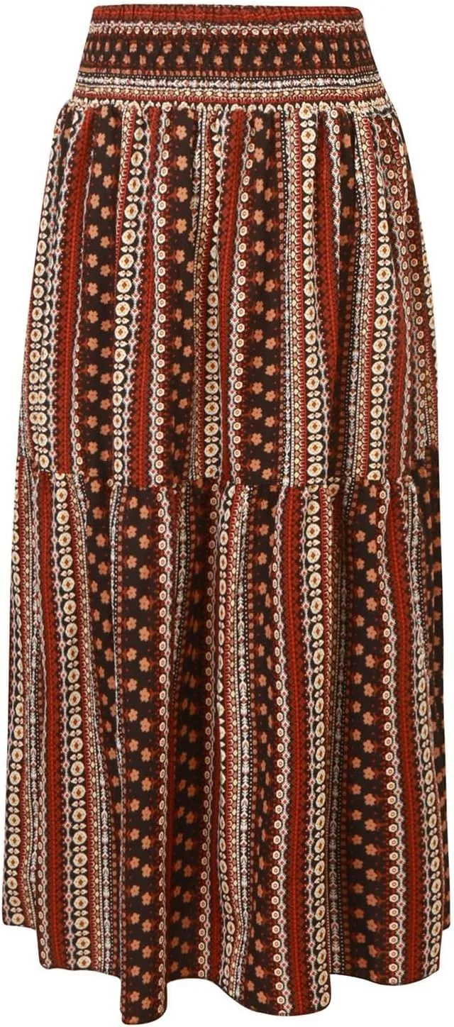 Casual Skirts for Women Summer Vacation Bohemian Aztec Print Pleated High Waist Elastic 2025 Beach Boha Maxi Skirts