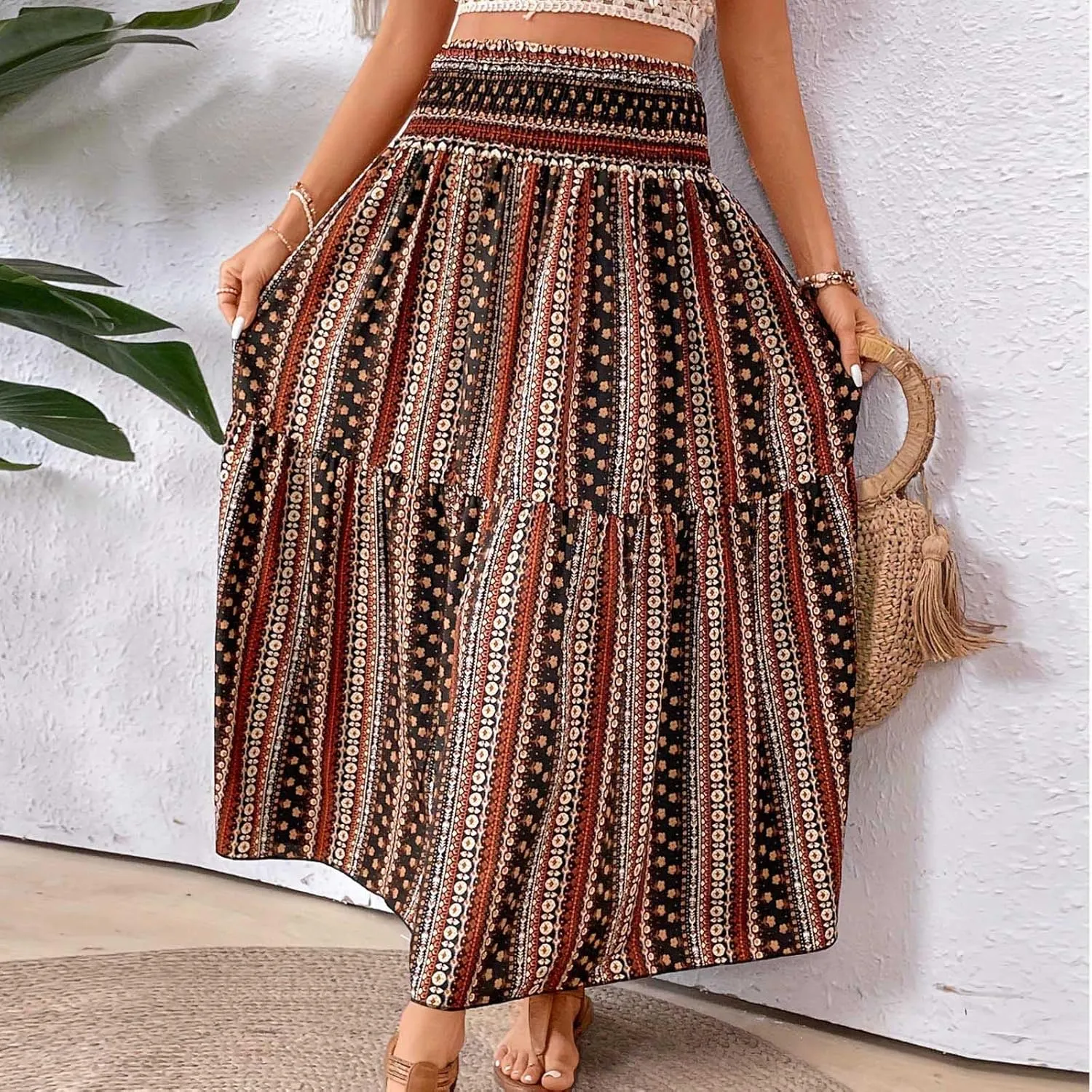 Casual Skirts for Women Summer Vacation Bohemian Aztec Print Pleated High Waist Elastic 2025 Beach Boha Maxi Skirts