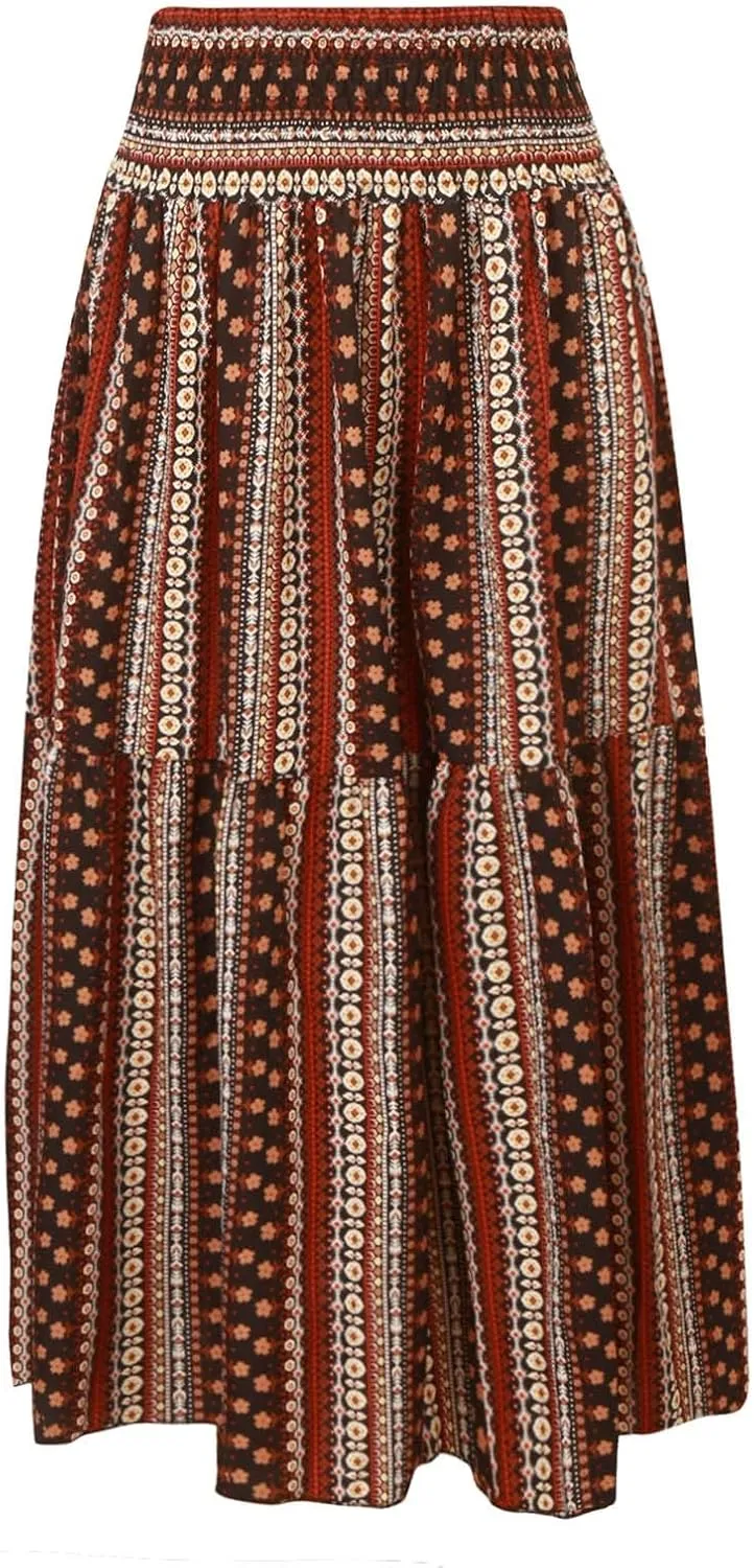 Casual Skirts for Women Summer Vacation Bohemian Aztec Print Pleated High Waist Elastic 2025 Beach Boha Maxi Skirts