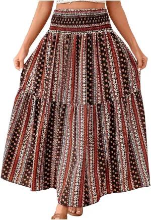 Casual Skirts for Women Summer Vacation Bohemian Aztec Print Pleated High Waist Elastic 2025 Beach Boha Maxi Skirts