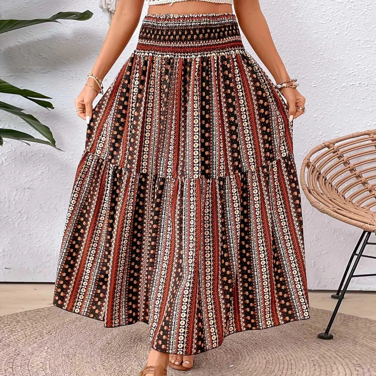 Casual Skirts for Women Summer Vacation Bohemian Aztec Print Pleated High Waist Elastic 2025 Beach Boha Maxi Skirts