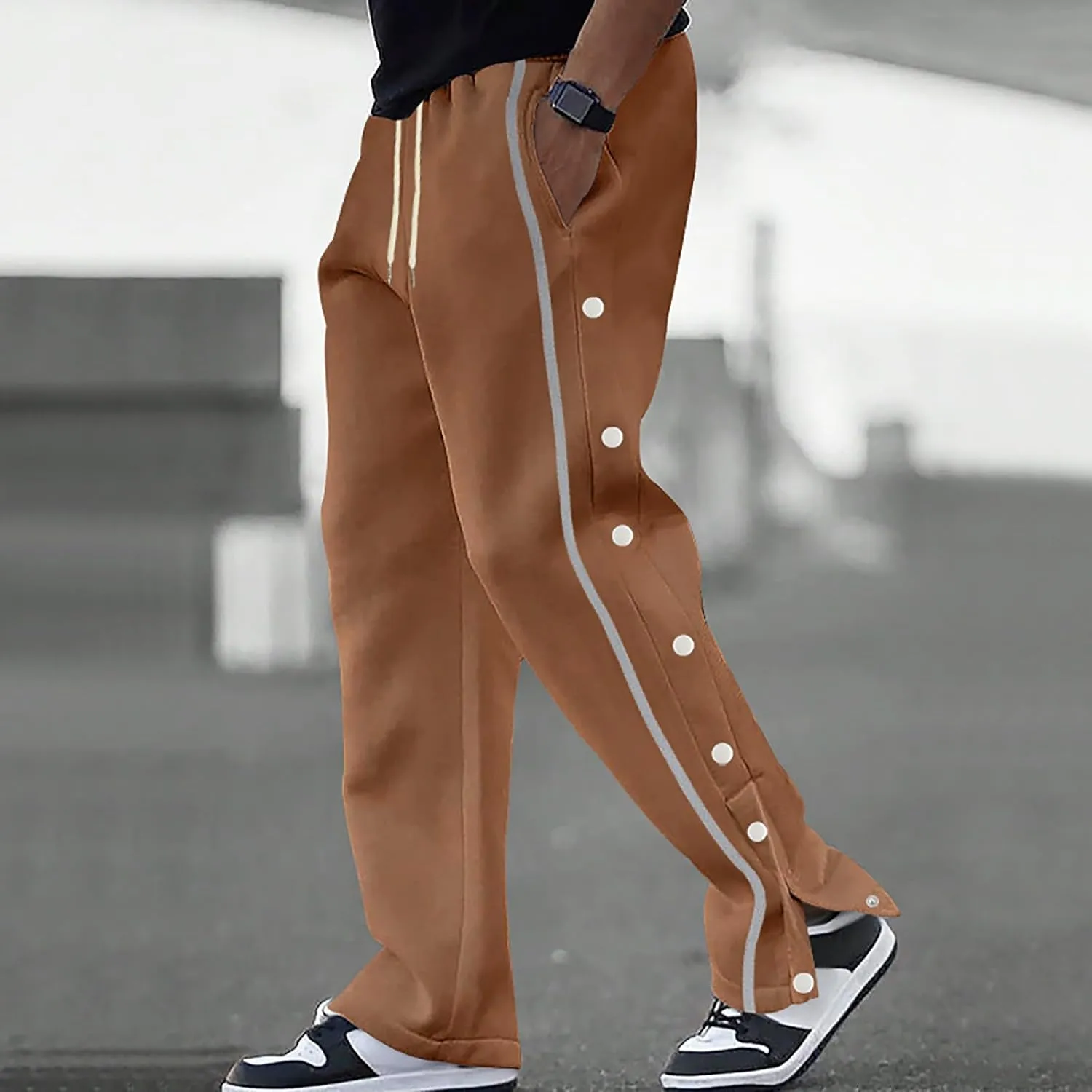 Casual Sweatpants for Men Side Button Elastic Waist Drawstring Active Running Jogging Pants Not Tear Away