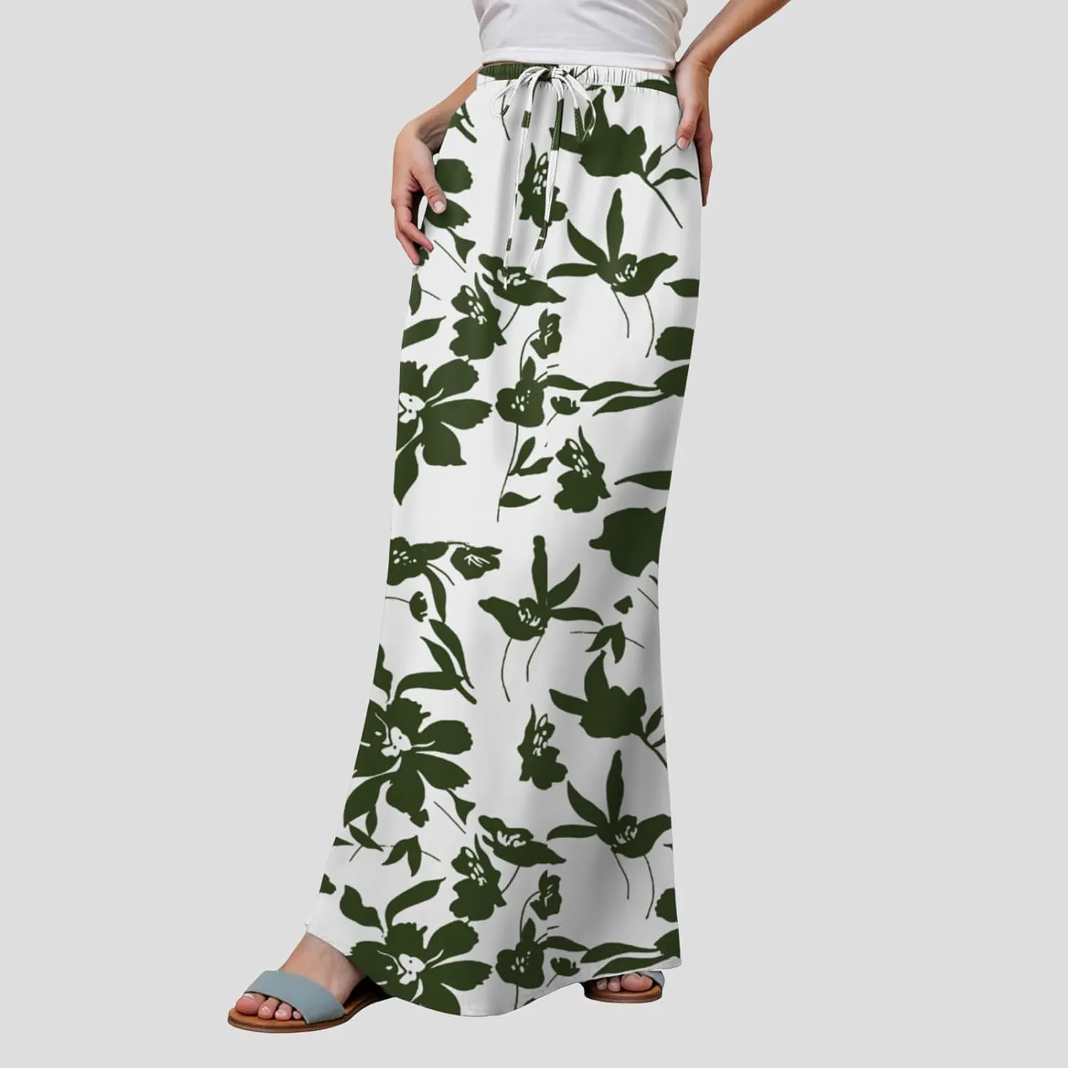 cooki Women's Summer Boho Maxi Skirt Floral Print Drawstring Low Waist A Line Casual Flowy Skirts