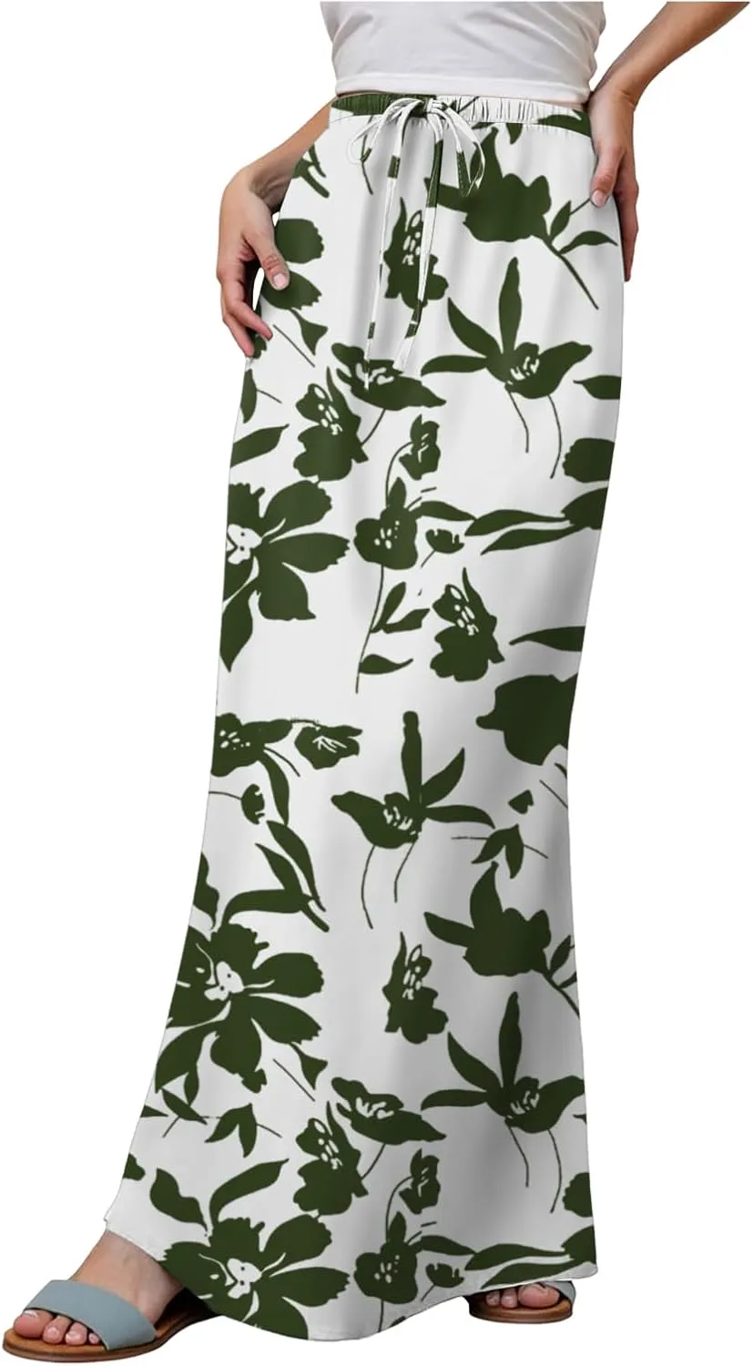cooki Women's Summer Boho Maxi Skirt Floral Print Drawstring Low Waist A Line Casual Flowy Skirts