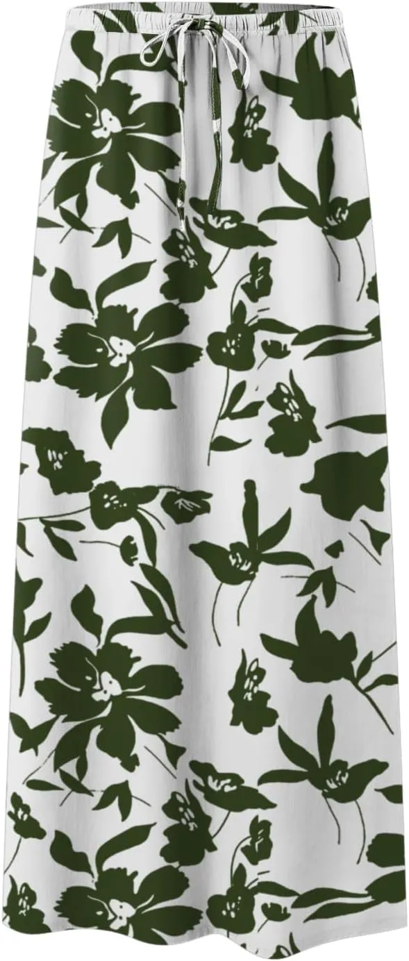 cooki Women's Summer Boho Maxi Skirt Floral Print Drawstring Low Waist A Line Casual Flowy Skirts