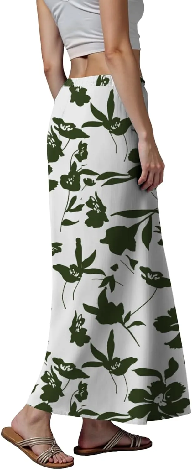 cooki Women's Summer Boho Maxi Skirt Floral Print Drawstring Low Waist A Line Casual Flowy Skirts