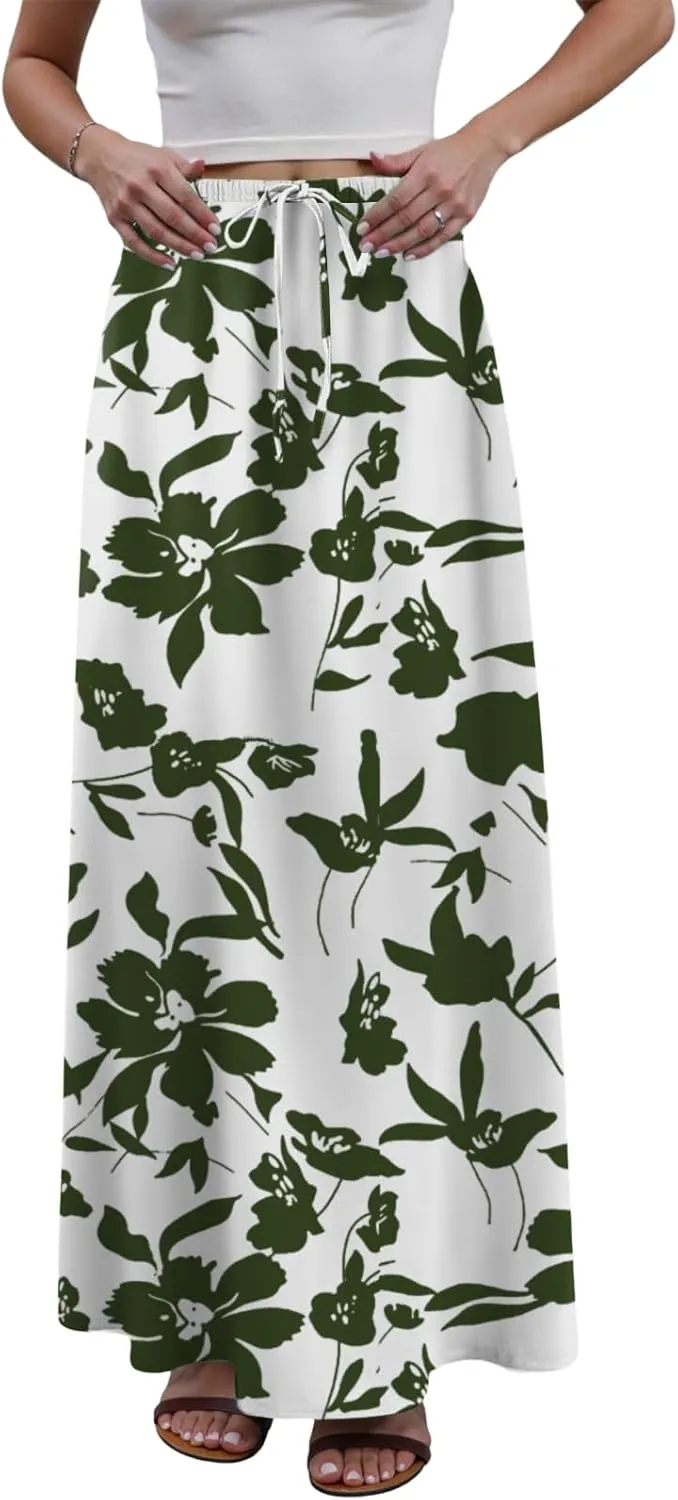 cooki Women's Summer Boho Maxi Skirt Floral Print Drawstring Low Waist A Line Casual Flowy Skirts
