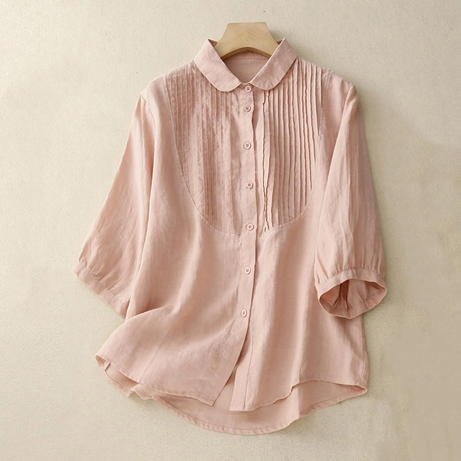 Cotton Linen Shirt Women 2025 Fashion 3/4 Sleeve Button Down Tops Casual Lapel Pleated Solid Blouse Spring Summer Tee