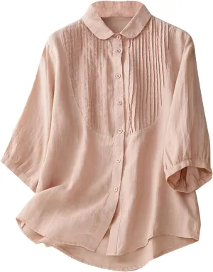 Cotton Linen Shirt Women 2025 Fashion 3/4 Sleeve Button Down Tops Casual Lapel Pleated Solid Blouse Spring Summer Tee