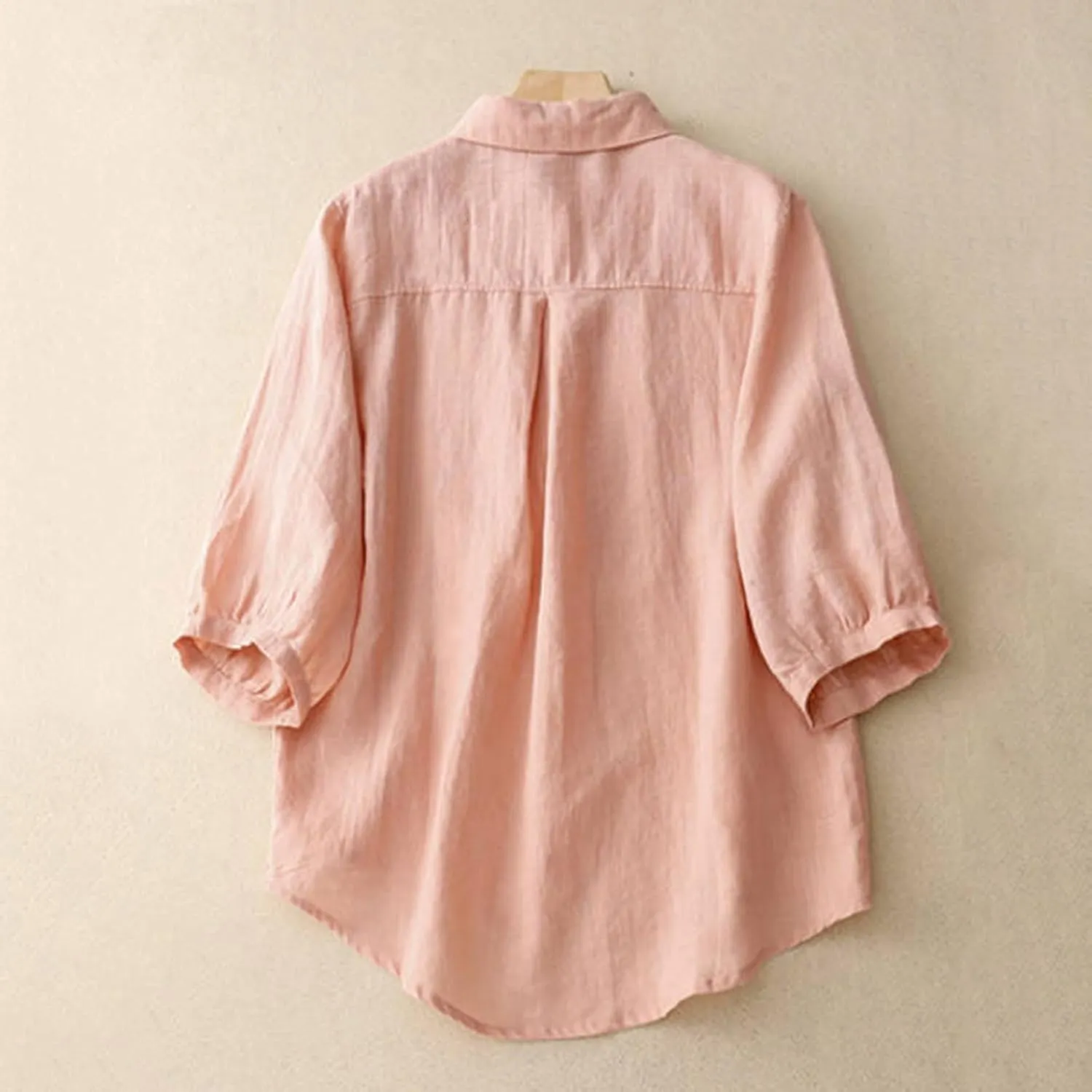 Cotton Linen Shirt Women 2025 Fashion 3/4 Sleeve Button Down Tops Casual Lapel Pleated Solid Blouse Spring Summer Tee