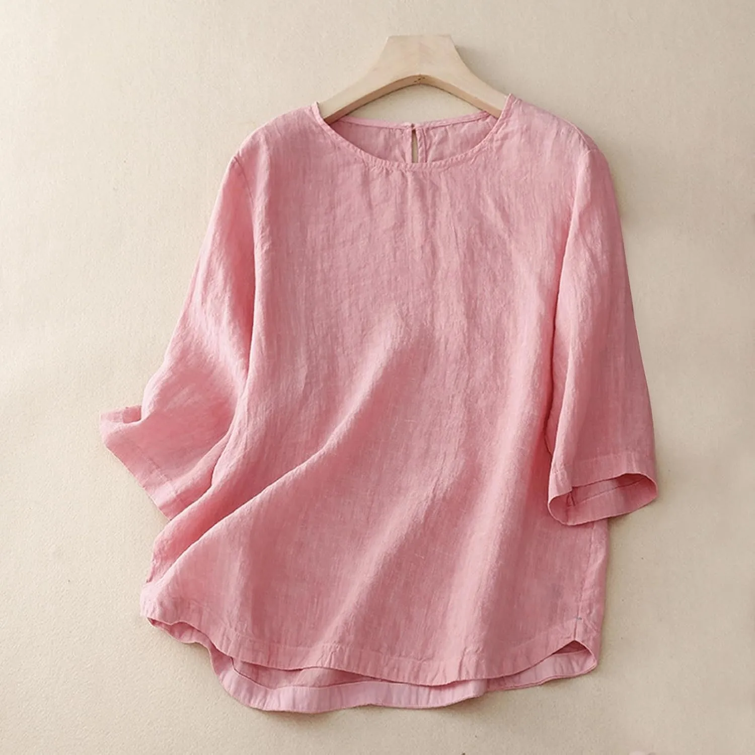 Cotton Linen Shirts for Women Summer Solid Color Basic Crew Neck 3/4 Sleeve Tops Casual Trendy Loose Beach Blouse