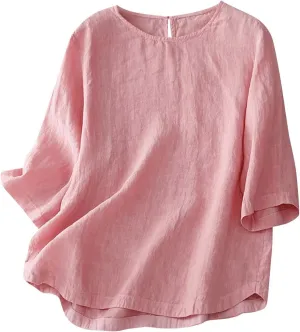 Cotton Linen Shirts for Women Summer Solid Color Basic Crew Neck 3/4 Sleeve Tops Casual Trendy Loose Beach Blouse