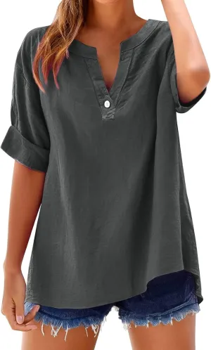 Cotton Linen Shirts for Women V Neck Button Down Blouse Loose Fit Oversized T Shirts Short Sleeve Casual Tops 2025