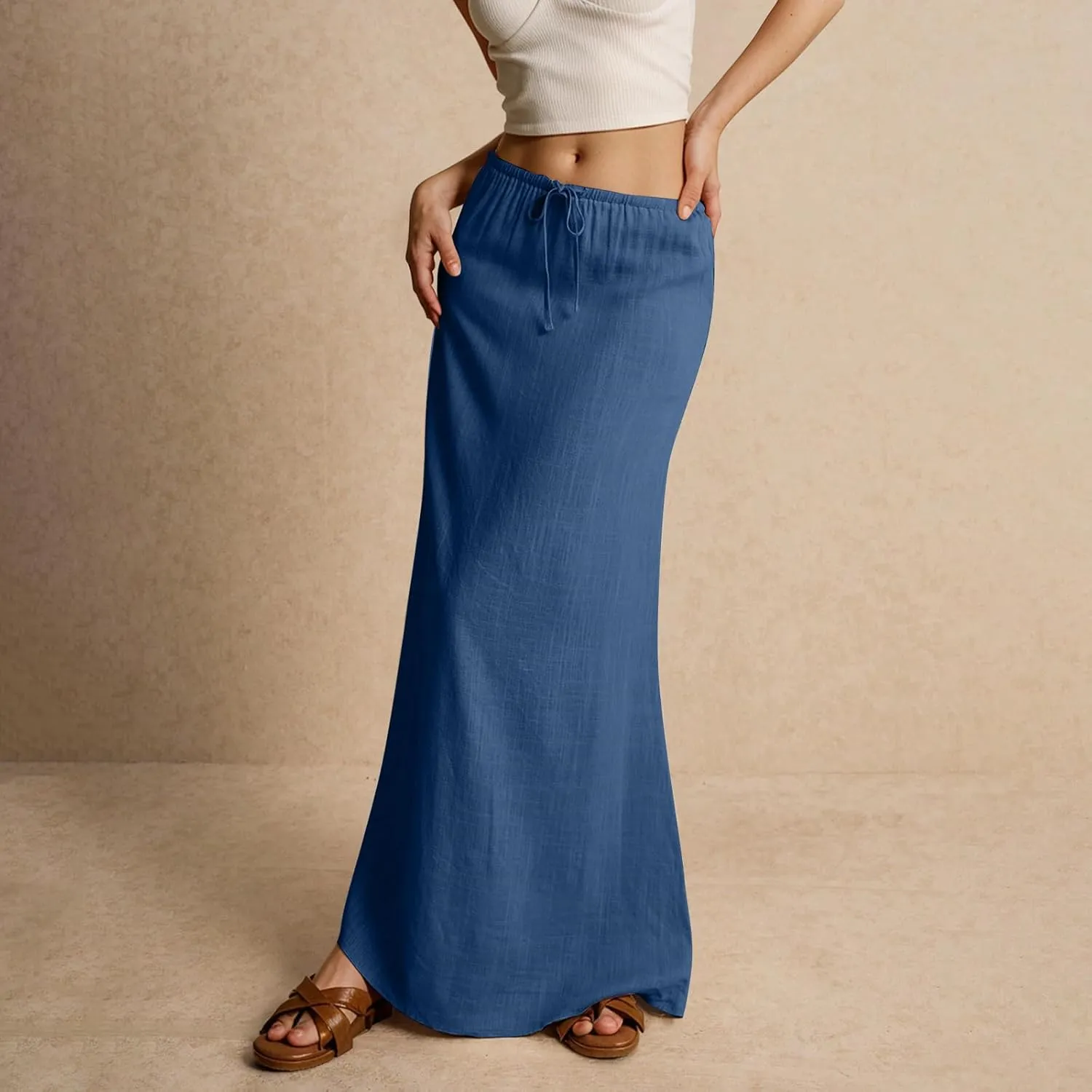 Cotton Linen Skirts for Women Maxi Length Summer Skirts Drawstring Low Rise A-Line Casual Loose Flowy Long Beach Skirt