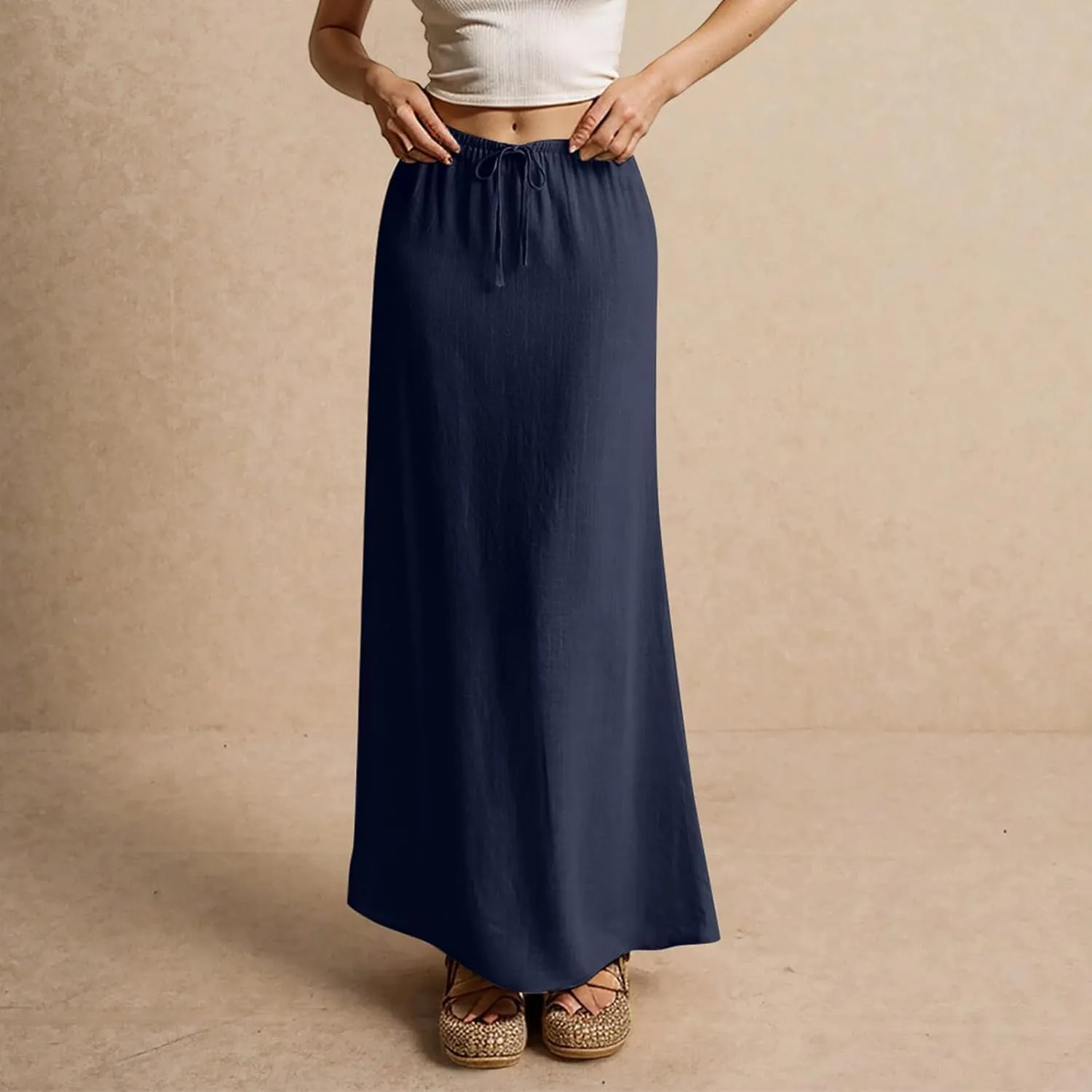 Cotton Linen Skirts for Women Maxi Length Summer Skirts Drawstring Low Rise A-Line Casual Loose Flowy Long Beach Skirt