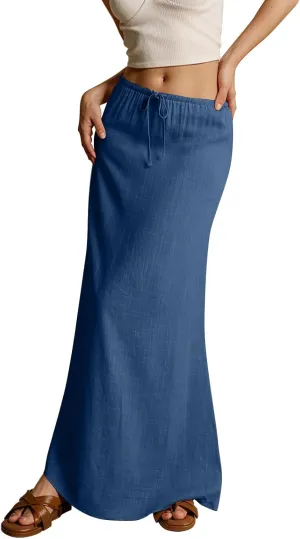 Cotton Linen Skirts for Women Maxi Length Summer Skirts Drawstring Low Rise A-Line Casual Loose Flowy Long Beach Skirt