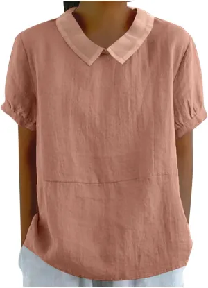 Cotton Linen Top for Women Summer Peter Pan Collar Blouses Casual Short Sleeve Going Out Tops Color Tees 2025 Blouses