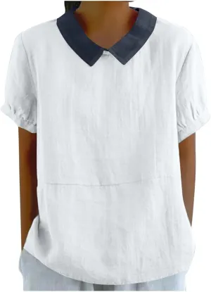 Cotton Linen Top for Women Summer Peter Pan Collar Blouses Casual Short Sleeve Going Out Tops Color Tees 2025 Blouses
