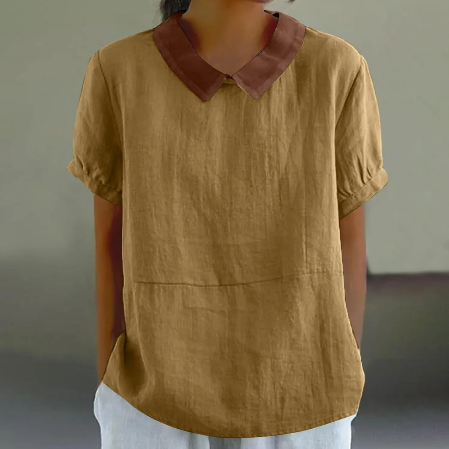 Cotton Linen Top for Women Summer Peter Pan Collar Blouses Casual Short Sleeve Going Out Tops Color Tees 2025 Blouses