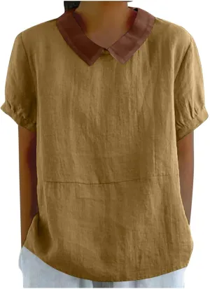 Cotton Linen Top for Women Summer Peter Pan Collar Blouses Casual Short Sleeve Going Out Tops Color Tees 2025 Blouses