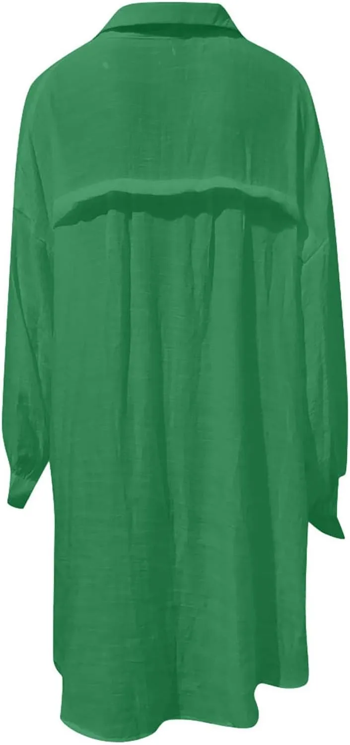 Cotton Linen Tops for Women Long Sleeve Button Down Plus Size Summer Oversized Tops Beach Coverups Blouse