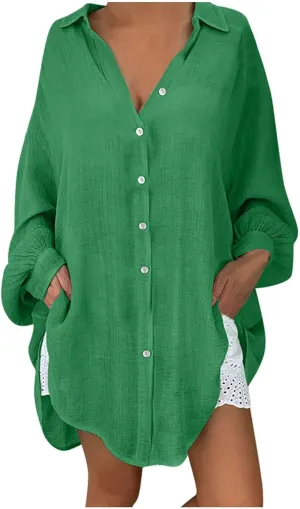 Cotton Linen Tops for Women Long Sleeve Button Down Plus Size Summer Oversized Tops Beach Coverups Blouse