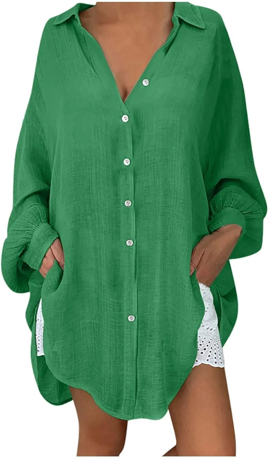 Cotton Linen Tops for Women Long Sleeve Button Down Plus Size Summer Oversized Tops Beach Coverups Blouse